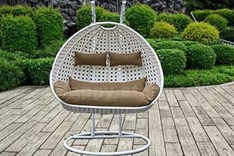 Happy Star Wrought Iron Outdoor Furniture Double Seater Beautiful Swing With Stand (White Swing With Brown Cushion),91.4 Cm,129 Cm,11.9 Cm
