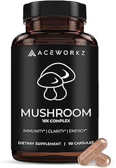 ACEWORKZ Mushroom Nootropic Brain Supplement - Lions Mane, Reishi and Cordyceps - 10 Mushroom Complex - for Memory & Focus - Immune Booster - Natural Energy & Stress Relief (90 Capsules)