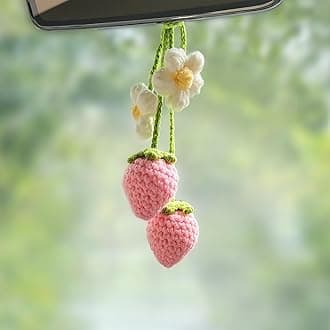 Crochet Strawberry Car Accessories，Cute Rearview Mirror Hanging，Car Accessories Gift，Car Decoration Interior for Teen Girls，Car Accessories for Women Aesthetic