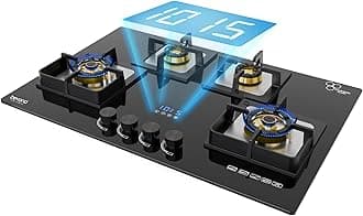 Beyond Appliances Dorado 4 Burner Smart Glass Hobtop Gas Stove | Auto Ignition | Digital Timer | Flame Failure Device | Toughened Glass | LPG & PNG Compatible