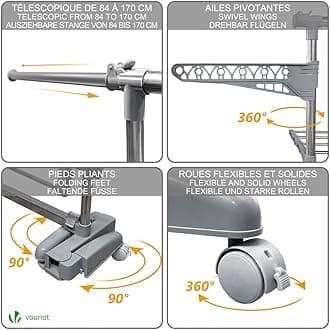 VOUNOT Large 4 Tier Clothes Airer, Laundry Drying Rack Stainless Steel Clothes Horse with Foldable Wings, Telescopic Rod for Indoor Outdoor