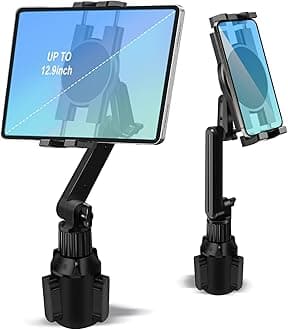 Cup Holder Car Tablet Mount for Truck, 360° Adjustable 15" Long 2-Arm Stand Holder for iPad Pro 12.9/11/10.5/9.7/Air/Mini 6/5/4, Galaxy Tab/Z Fold 6/5/4, iPhone 17/16/Pro, 4.7-12.9" Tab &Phone