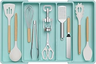 Lifewit Utensil Drawer Organiser, Expandable Large Cutlery Tray for Kitchen, Adjustable Silverware Flatware Holder, Plastic Kitchen Spatula Tools and Gadgets Storage Divider, Large, TurquoiseRecycled Claim Standard 100