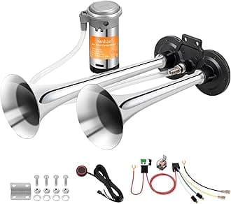 Train Horn for Truck 150db 12V, BANHAO Super Loud Chrome Dual Trumpet Truck Air Horn with Compressor, for Any 12V Vehicles Train Car Ship Boat Chrome 2 tube horns with button