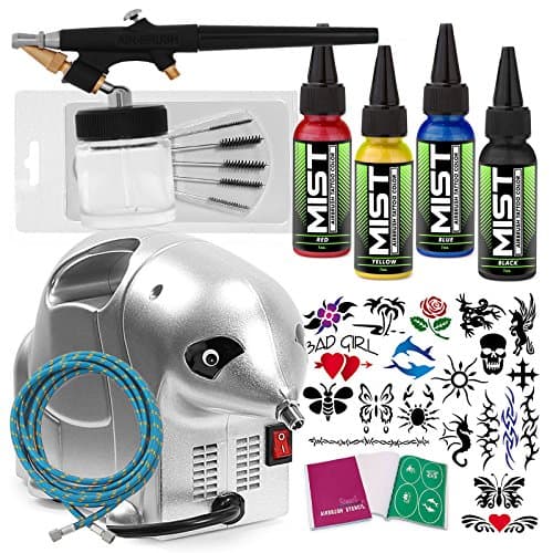 PointZero Complete Temporary Tattoo Airbrush Set - 4 Color 20 Stencil Kit
