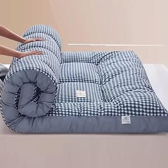 Japanese Floor Futon Mattress, Roll Up King Size Mattress Floor Bed Tatami Foldable Soft Pressure Reducing Breathable Double Futon Mattress Student Dormitory Home Mattress(Blue plaid,100cm*200cm)