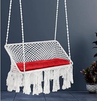 SWINGZY Polyester Large Premium Double Seater Hammock Chair For Home, Indoor, Outdoor, Garden/Hanging Hammock Swing Chair For 2 People/Jhula For Adults With Hanging Kit With Cushion - (White)