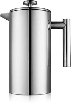 MiulyFrench Press Coffee Maker 1500ml/50oz large insulated cafetiere Double-Wall Insulated Stainless Steel 3 Level Filtration System French Press for Home, Camping and Office, Silver