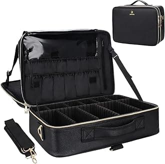 Relavel Makeup Case Large Makeup Bag Professional Train Case 16.5 inches Travel Cosmetic Organizer Brush Holder Waterproof Makeup Artist Storage Box, 3 Layer Large Capacity, with Adjustable Strap and Dividers(Black)