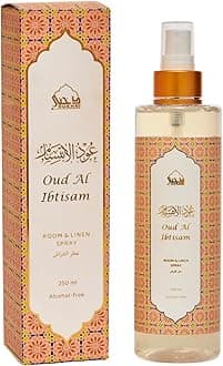 Dukhni Oud Al Ibtisam Attar Al Faraash 250ml - Non Alcoholic Air Freshener & Linen Spray. Perfect for prayer mat, home linens, spraying in the room & fabrics. 100% Halal & Alchohol Free