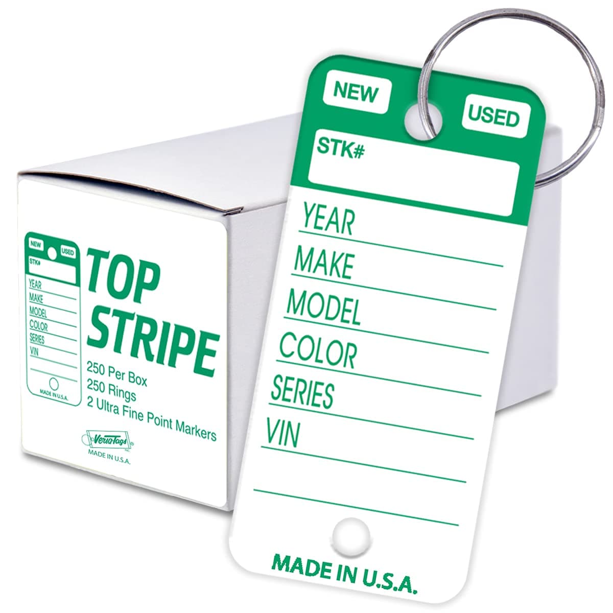 Versa-Tags Top Stripe Key Tags, 250 Car Key Tags Write On Heavy Duty Plastic Key Tags, and White Tear Proof Vinyl Poly Key Tags (Green), 2 Markers and 250 Rings Included