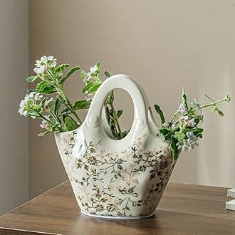 Ceramic Purse Vase for Flowers, Cute Handbag Vases, Vintage Green and Beige Floral Vase, Rustic Farmhouse Vases for Living Room, Kitchen, Bedroom, Table Centerpiece, Chinoiserie and Tuscan Decor 9 in