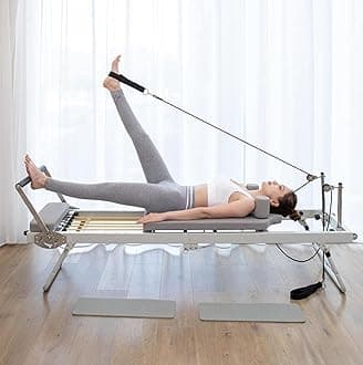Pilates Reformer Machine for Home, Foldable Pilate for Strengh Training Pilates Training Bed, Strength Adjustment,Stainless Steel Yoga Training Bed,Beige, Pilates Yoga Bed