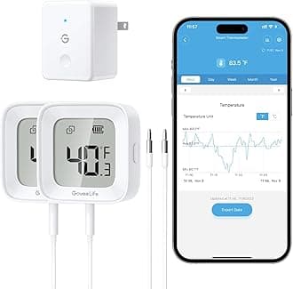 - GoveeLife WiFi Refrigerator Thermometer with Alarm, Wireless Digital Freezer Temperature Gauge with App Control, LCD Display, 2 Years Free Data Export, for Home Kitchen Fridge Hot Tub 2 Pack