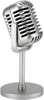 Classic Retro Style Microphone Prop with Stand, Fake Vintage Microphone Decor for Party Decorations - Silver