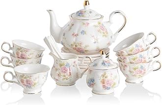 Sweejar Porcelain Tea Set Vintage Floral, British Relief Gold Rim Teapot Cup and Saucer Sets, 22-Piece Tea Sets for Adults, with Teapot, Sugar Bowl, Milk Jug, Spoons, Cup and Saucer (Small Flower)