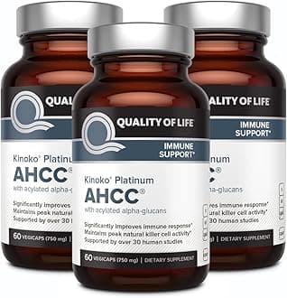 Quality of Life 3 Pack AHCC Kinoko Platinum 750 mg– Premium Immune Support Supplement 60 Count Bottles