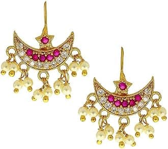 VAMA Half Moon Or Peacock Shape Maharashtrian Traditional Press On Bugadi Upper Ear Clip On Earrings For Women & Girls (Chandrakor Pink)