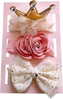 SYGA 3 Pack Baby Girl Headbands – Soft Stretchable Flower & Bow Hairbands with Golden Crown Design, Comfortable Elastic Headband for Newborns, Infants & Toddlers 0-3 Years (Golden Crown, Style 1070)
