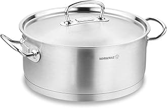 KorkmazProline Stainless Steel Low Casserole Saute Pot Stockpot With Lid And Handles Silver 7.5 Quart A1171