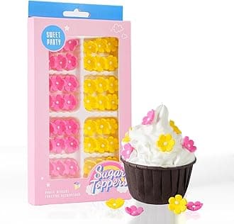 Edible Flowers Cake Decorations 48 Count Pink Yellow Blossoms Royal Icing Decorations Daisy Sugar Wedding Flowers for Baking Cupcakes Ice Cream Waffles Cookies Birthday Cake