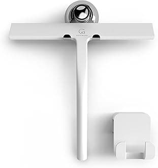 GÜTEWERK Silicone Shower Squeegee for Glass Doors & Mirrors with Stainless Steel Core, Streak-Free & No-Squeak Window Cleaning, 3-in-1 No-Drill Mount (Hook/Suction/Adhesive),White, 9 Inches