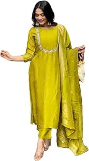 GoSriKi Women's Silk Blend Straight Embroidered Kurta with Pant & Dupatta