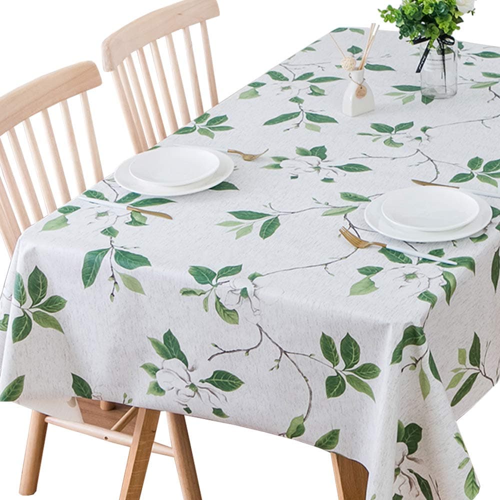 Heavy Duty Vinyl Table Cloth Plastic Table Cloth for Kitchen Dining Table Wipeable PVC Waterproof Tablecloth for Square Table (54'' x 54'', Green Leaves)