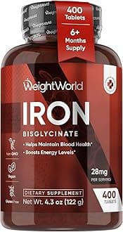 Chelated Iron Bisglycinate 28mg Tablets for Blood Health & Energy (6-Month Supply) - Gentle Iron Supplement Vegan - 400 Tablets - Ferrous Bisglycinate for Women & Men - Non-GMO