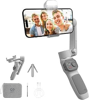 Smooth Q3 Combo, 3-Axis Phone Gimbal with Fill Light and Gimbal Bag, Portable & Foldable, Gesture Control, Video Recording, Auto Tracking Gimbal Stabilizer for Smartphone for iPhone & Android