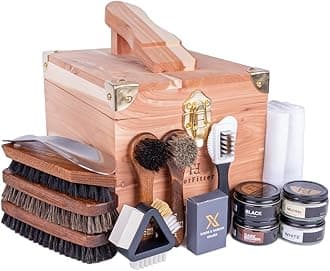 Leather Shoe Shine & Suede Cleaning Set with Grand Cedar Valet Box, Polish Creams, Brushes & Premium Care Tools