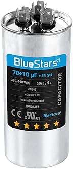 [UL Listed] BlueStars 70+10 uF 70/10 MFD ±5% 370V/440VAC Dual Run Start Capacitor Air Conditioner CBB65 50/60Hz, 10000AFC - for AC Unit Fan Motor Start or Heat Pump or Condenser Straight Cool