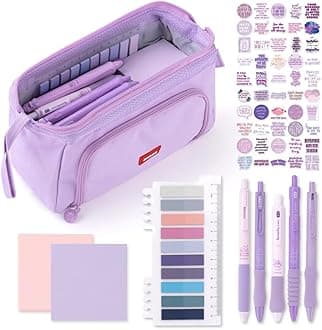 HVOMO Stationery Set,1 large-capacity pencil case,5 quick-drying pens,50 waterproof stickers,2 sticky note pads(200 sheets),1 set of 10-color index labels (200 sheets),Student stationery gift (Purple)