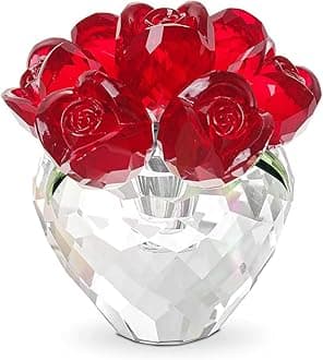 LONGWIN Crystal Rose Flower Figurines Collectible Glass Spring Bouquet with Vase Home Decor Romantic Gifts for Women Red