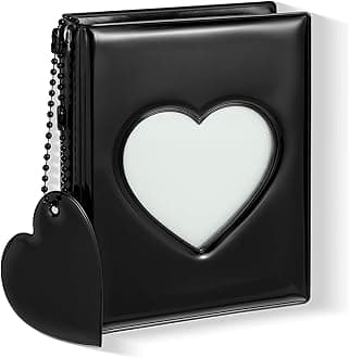 Mini Photocard Binder, 3 Inch Black Mini Photo Album Heart Hollow Card Binders with 32 Pockets Mirror-Like Photocard Binder with Pendant