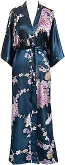 Old Shanghai Women's Kimono Long Robe - Chrysanthemum & Crane (Navy)