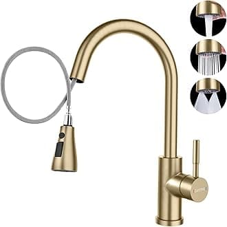 DAYONE Gold Kitchen Mixer Tap with Pull Out Spray, SUS304 Stainless Steel Sink Taps Mixer with 3 Functions for Kitchen, 360° Swivel Single Handle High Arc Kitchen Faucet, Brushed Gold