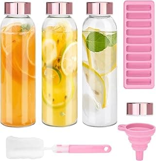 Zukro Glass Juice Bottles with Lids for Juicing 24 oz, Reusable Clear Glass Water Bottles with Stainless Steel Airtight Cap for Refrigerator, 100% Leak Proof, BPA Free, ECO Friendly, Set of 3, Pink