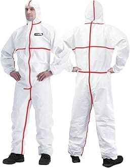 Hazmat Suit Disposable Coverall | Full Body Painters Suit in 7 Sizes with Multiple Specifications for Men & Women - Medium, With Red Seal Tape, 1