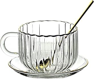 amokk Clear Glass Mugs Tea Cup and Saucer with Spoon for Coffee, Milk, Tea 15 Oz