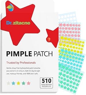 Pimple Patches, Acne Patches Hydrocolloid for Face, Cute Star Zit Covers, Colorful Spot Stickers with Tea Tree, Salicylic Acid & Centella Oil, 5 Sizes (8, 10, 12,14 & 16mm), 510 Patches