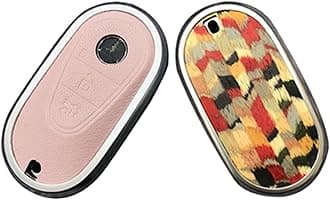 Compatible with Mercedes Benz Key case Key fob Cover Real Wood Veneer Genuine Leather Key Fob Shell Gift C GLC E S ect 2022-2023-newer (Bohemian Oak, Pink Leather)