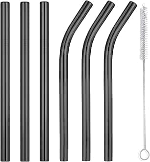 Reusable Smoothie Straws & Milkshake Straws 0.4" Wide Mouth Straw, Set of 6 Stainless Steel Straws 8.5"&10.5" with 1 Long Straw Cleaner Brush，Black Metal Straws for Jumbo Thicker Drinks