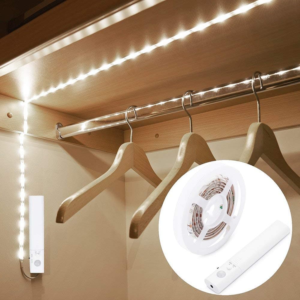 Motion Sensor Wardrobe Light, 1.5M LED Strip Closet Lights, PIR Auto on/Off, Battery Powered,6000K White for Bedside, Bathroom, Closet, Cabinet, Kitchen, Stairway
