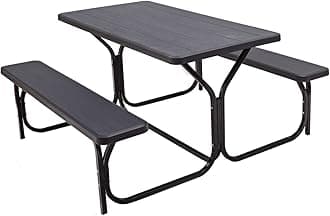 Picnic Bench Set Outdoor Camping All Weather Metal Base Wood-Like Texture Backyard Poolside Dining Party Garden Lawn Deck Large Picnic Tables for Adult (Black)