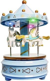 Mechanical Music Box Carousel Horses Blue with Für Elise Music, Colorful RGB LED Lights, No Batteries, Baby Girl Gift, Cake Topper Birthday Party, Nursery Decoration, Vintage Home Decor