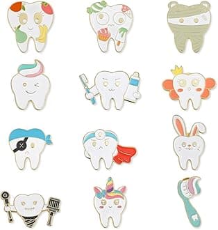 12pcs Tooth Brooch Pins, Cute Cartoon Dentist Enamel Pins Funny Tooth Lapel Badges Pins Teeth Charm Dental Gifts for Doctor Nurse Backpacks Cloths Hats Decor