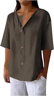 Women's Linen Shirt Button Down V Neck Trendy Solid Blouse 3/4 Sleeves Casual Loose Fit Tunic Tops Summer T Shirts