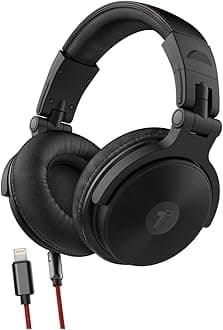 Thore Over Ear iPhone Headphones with Lightning Connector (Apple MFi Certified) – Closed Back Studio DJ Monitor Earphones (50mm Neodymium Drivers) (V200 Black/Red)