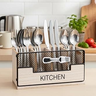 Vintage 4 Compartment Wooden Cutlery Holder Utensil Organiser Storage Caddy